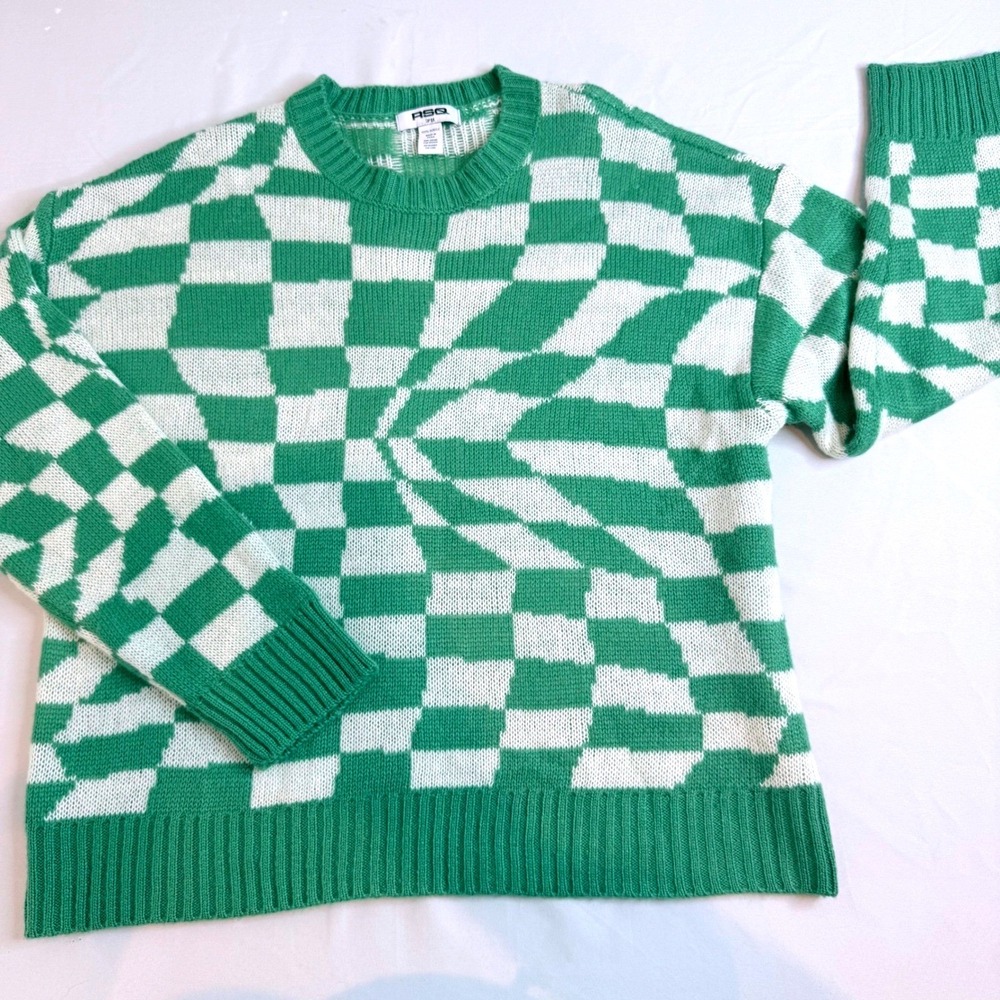 RSQ Mens Distorted Checkerboard Knit Crewneck Sweater Green White Large
